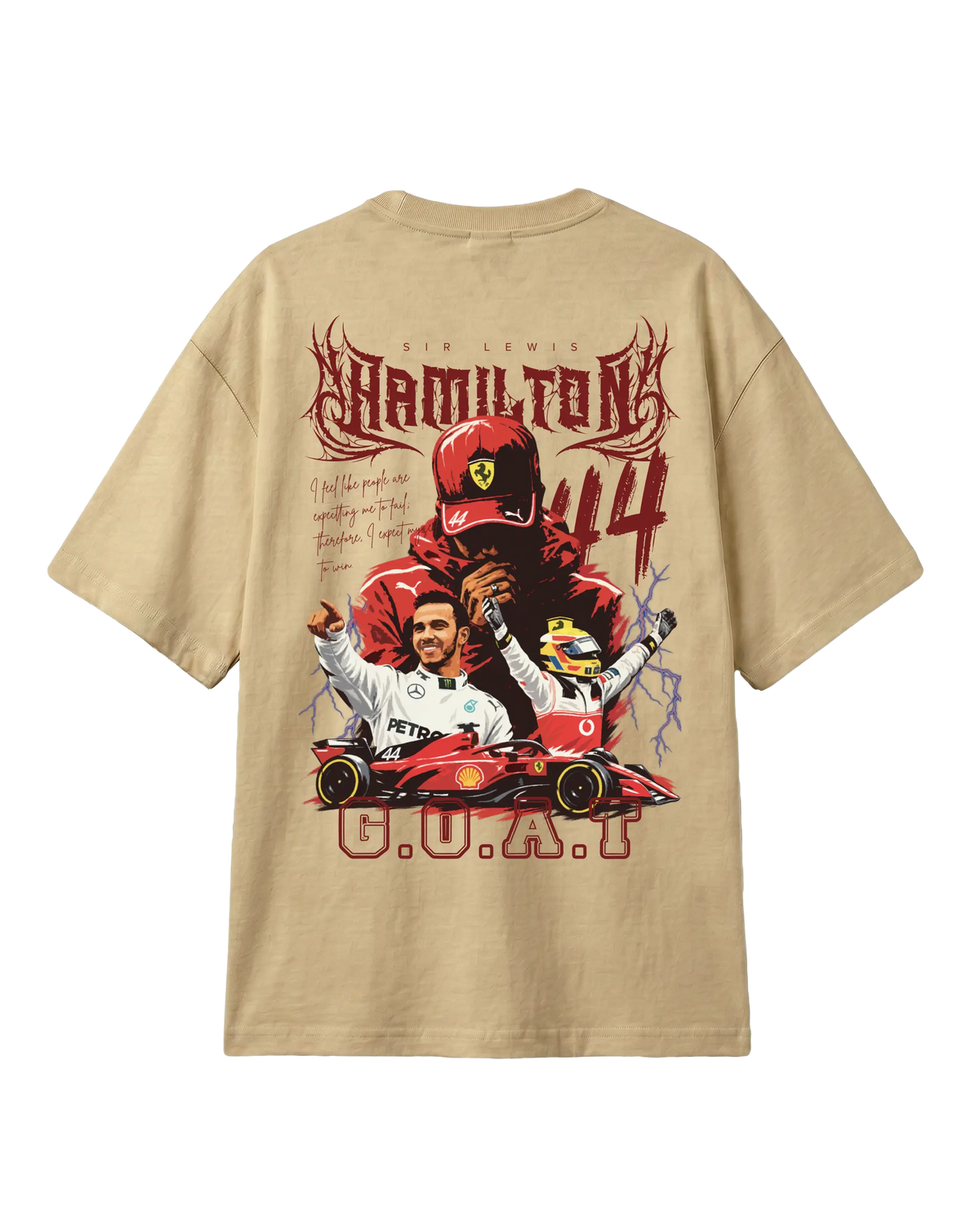 Formula 1 Tee | Lewis Hamilton GOAT F1 T-shirt | Unisex Oversized Fit | Beige | Back View | Turn1 India
