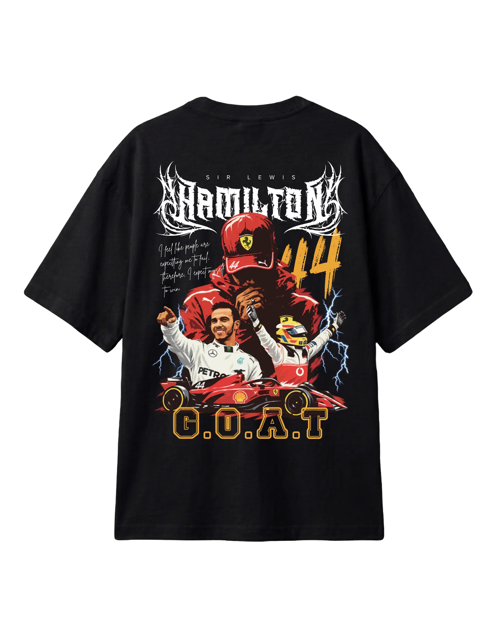 Formula 1 Tee | Lewis Hamilton GOAT F1 T-shirt | Unisex Oversized Fit | Black | Back View | Turn1 India