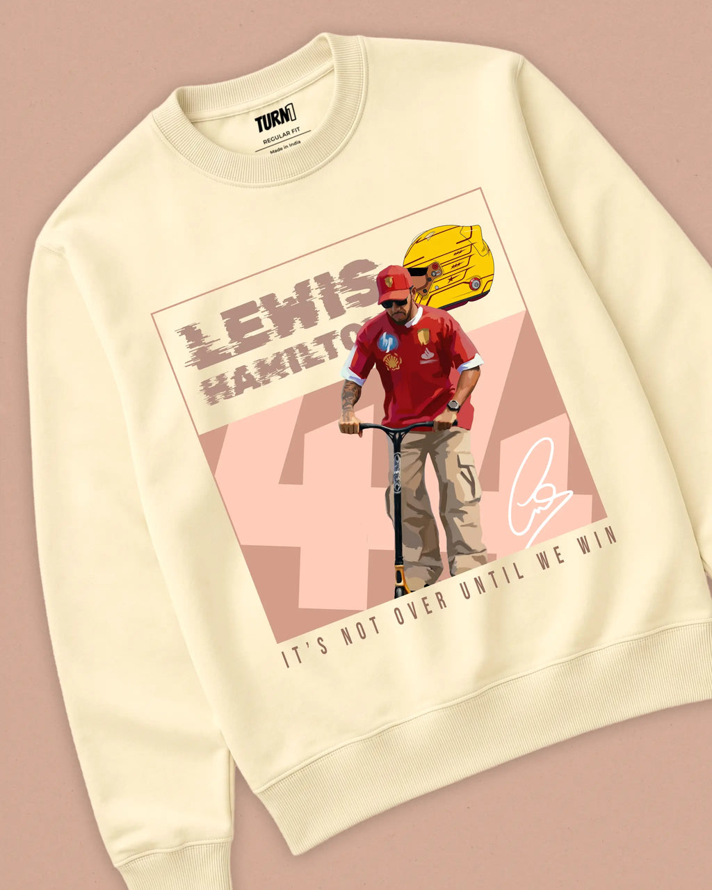 Lewis Hamilton Scooter F1 Unisex Sweatshirt Cream Colour Front View - Turn1 India