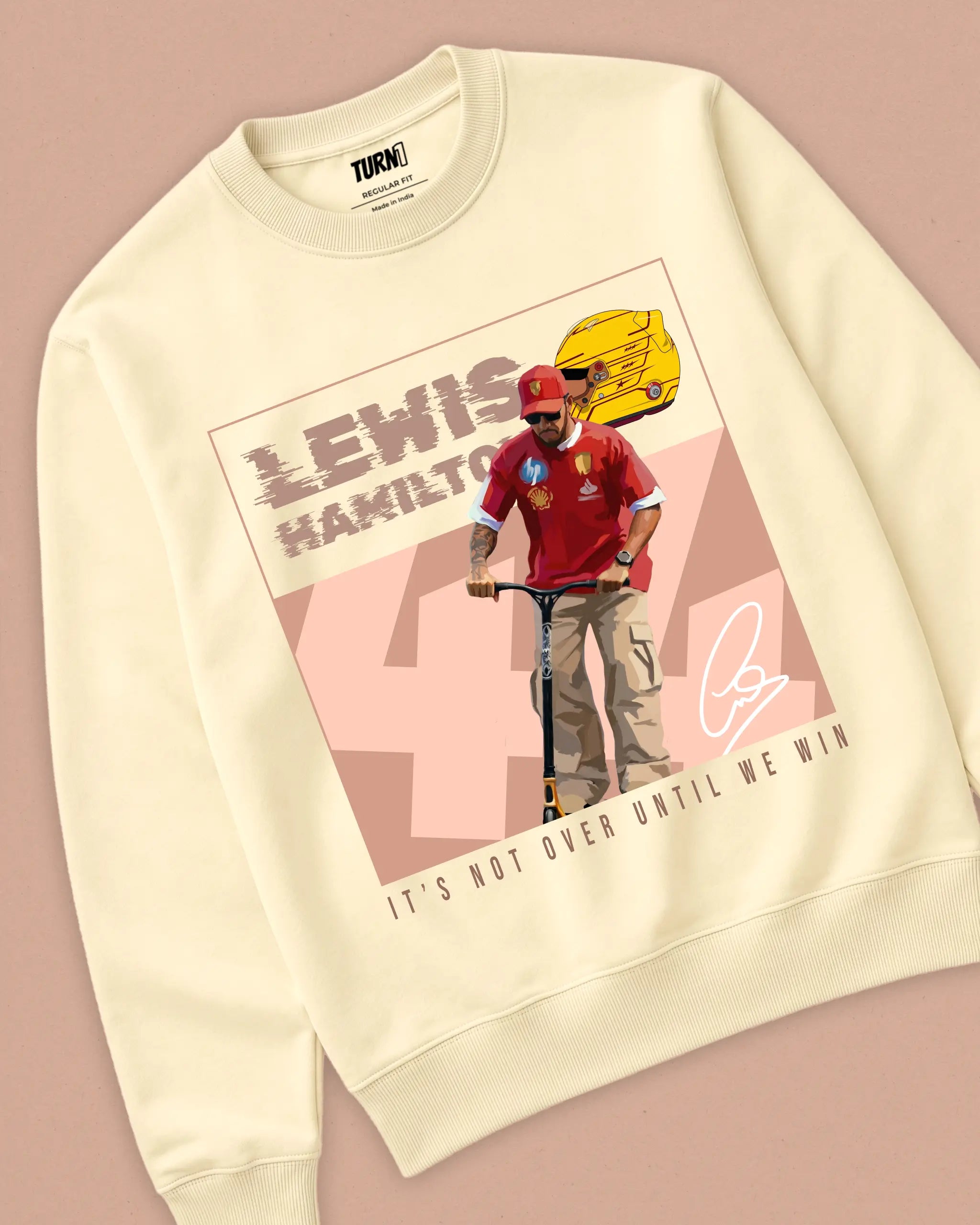 Lewis Hamilton Scooter F1 Unisex Sweatshirt Cream Colour Front View - Turn1 India