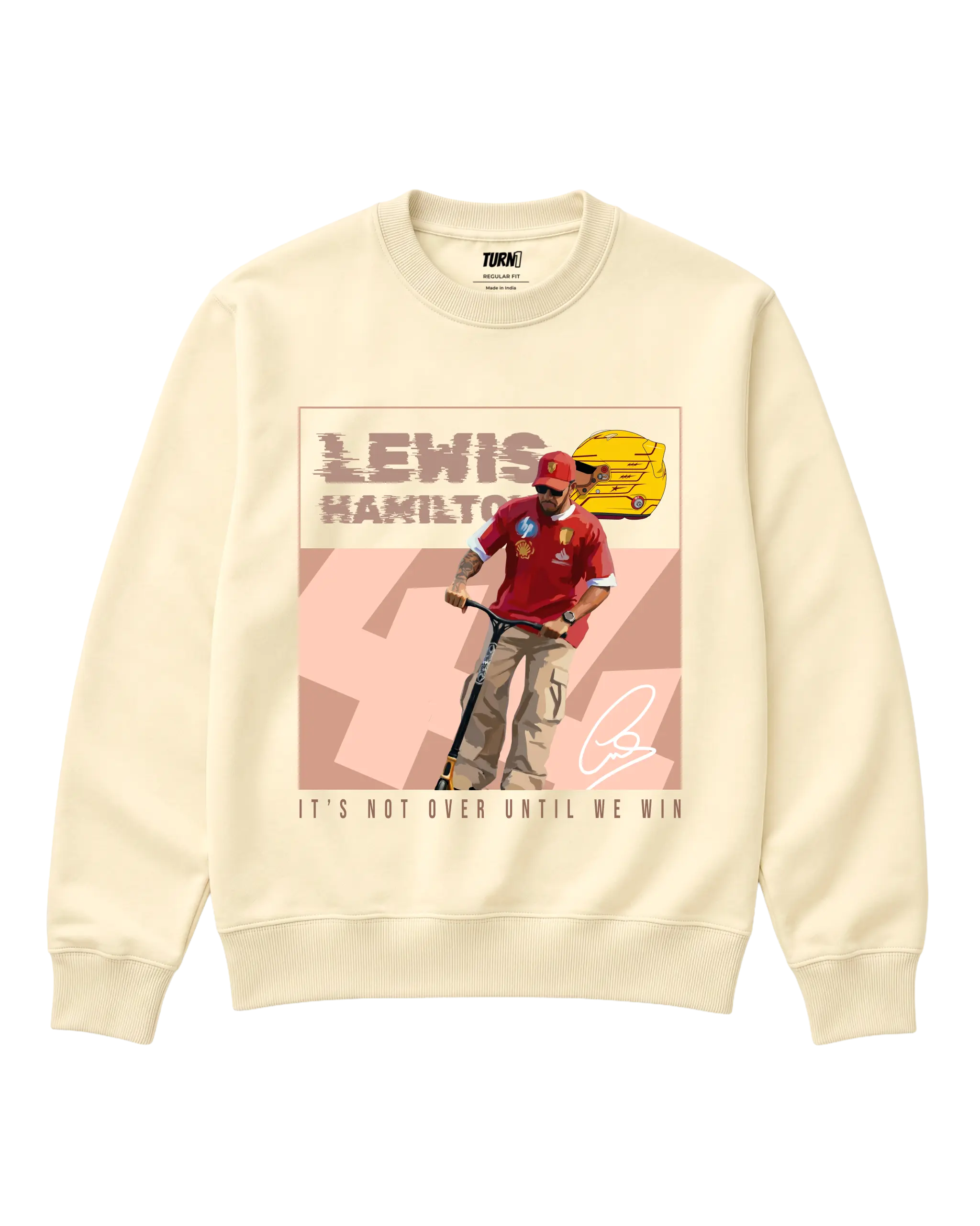 Lewis Hamilton Scooter F1 Unisex Sweatshirt Cream Colour Front View - Turn1 India