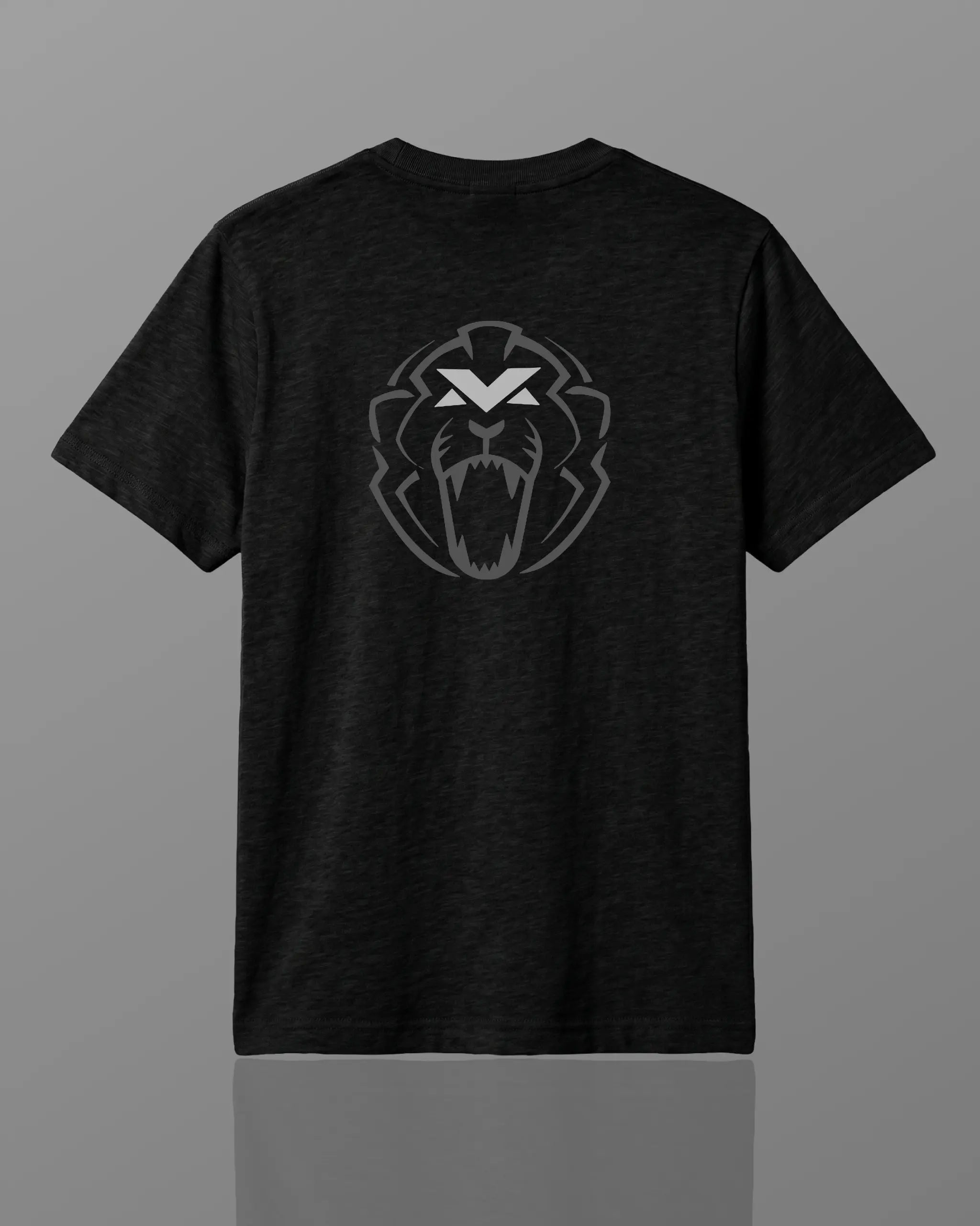 Unisex black T-shirt with lion head emblem on the back