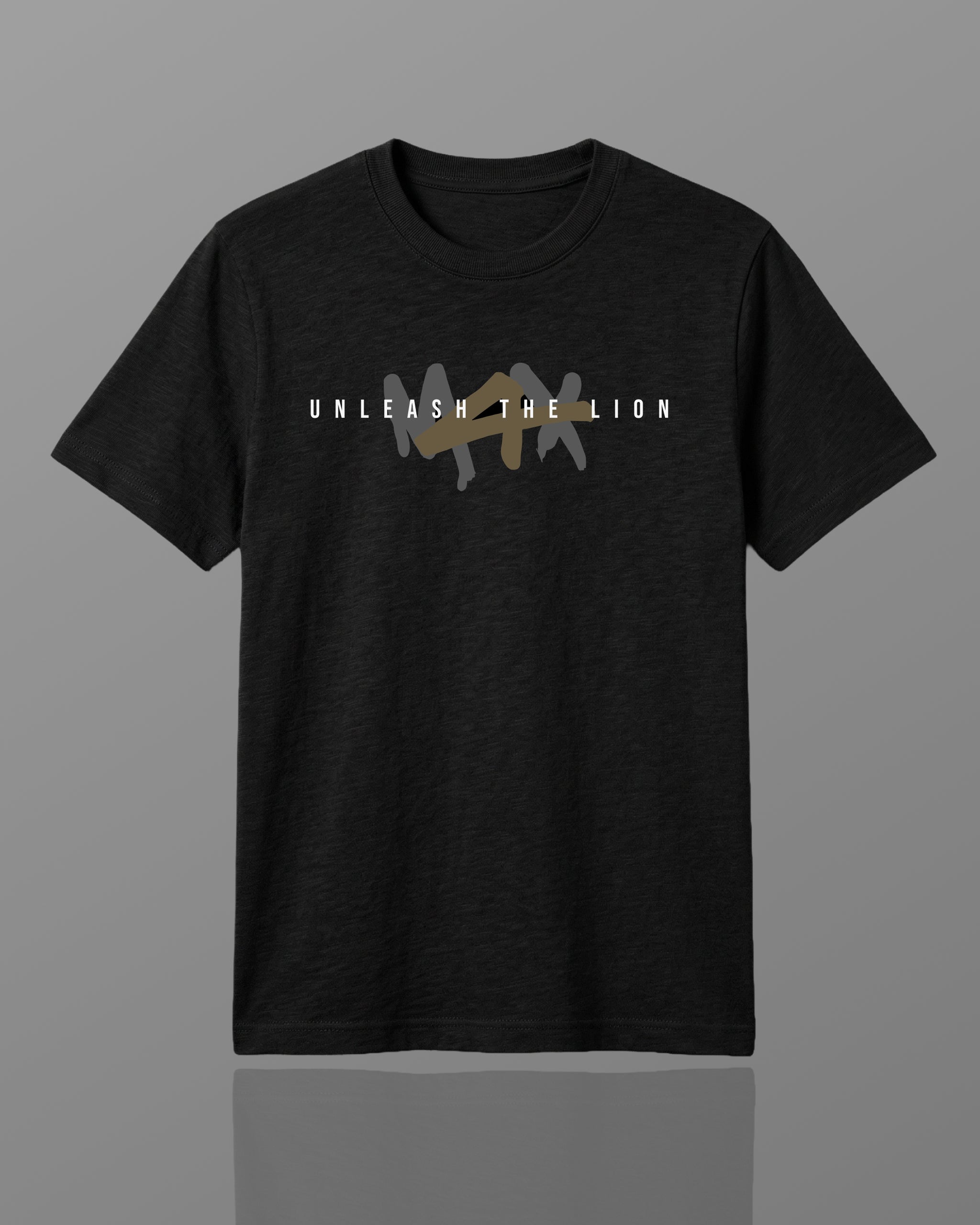 F1 Black Unisex Regular fit Tshirt by Turn 1 Brand, an F1 Apparel brand of India. Max Verstappen fan graphic tshirt with front print "MAX Unleash the Lion" and back print of Max Verstappen's lion helmet design.