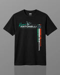 Black regular fit unisex F1 tshirt by Turn 1, an F1 apparel brand in India - fan graphic tee of Kimi Antonelli, Mercedes AMG Petronas Formula 1 driver. Tshirt's front print features Kimi Antonelli's signature hand move, his number 12 and colors of Italian flag. 
