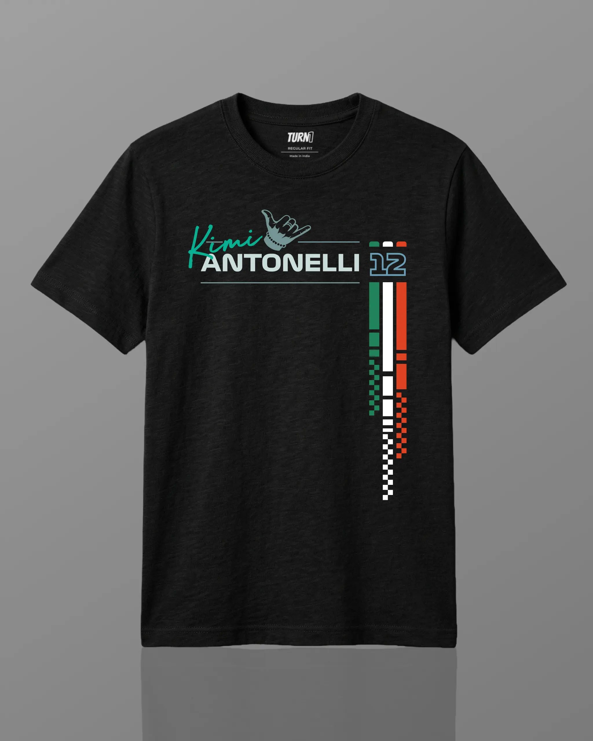 Black regular fit unisex F1 tshirt by Turn 1, an F1 apparel brand in India - fan graphic tee of Kimi Antonelli, Mercedes AMG Petronas Formula 1 driver. Tshirt's front print features Kimi Antonelli's signature hand move, his number 12 and colors of Italian flag. 