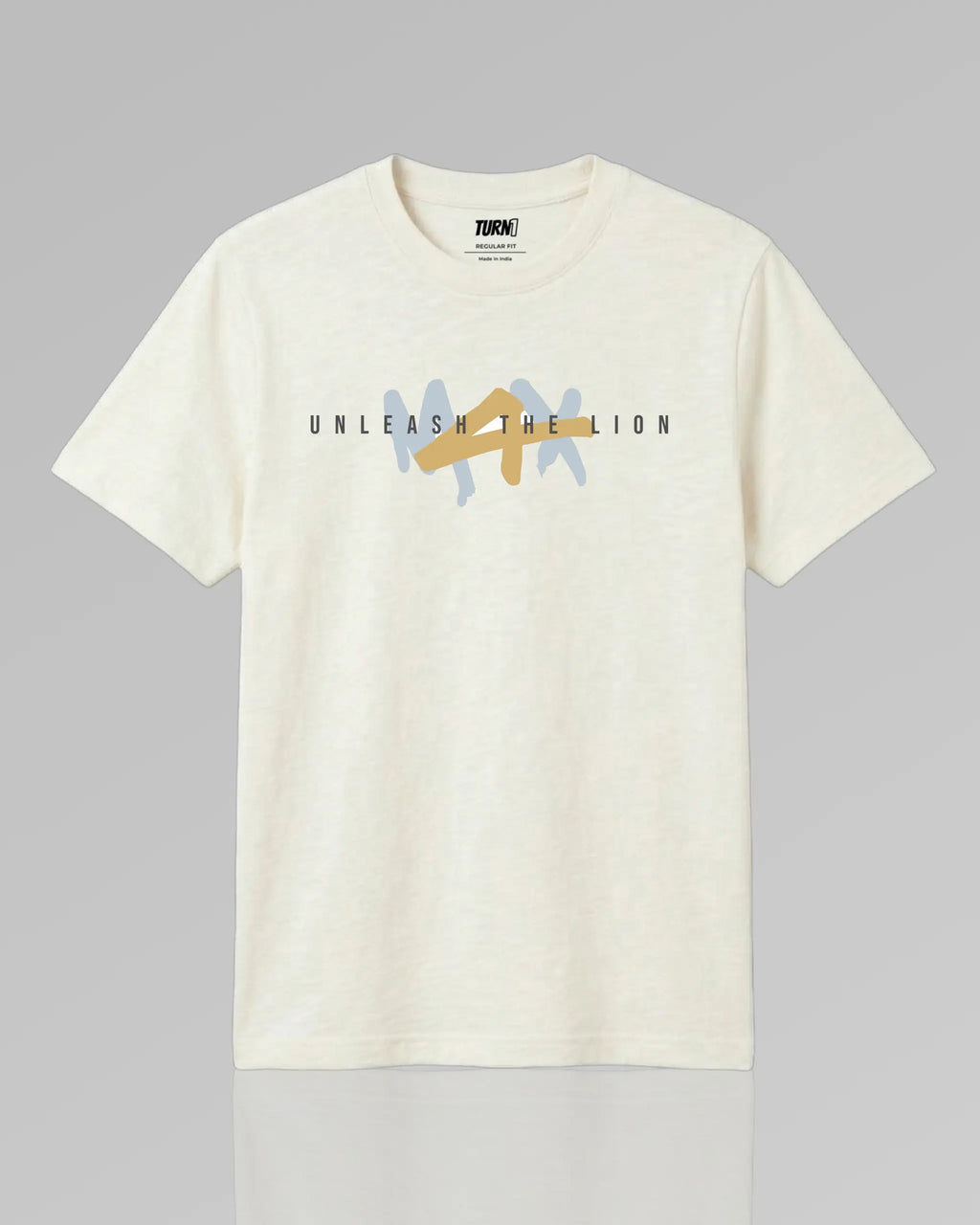 F1 Off white Unisex Regular fit Tshirt by Turn 1 Brand, an F1 Apparel brand of India. Max Verstappen fan graphic tshirt with front print "MAX Unleash the Lion" and back print of Max Verstappen's lion helmet design.