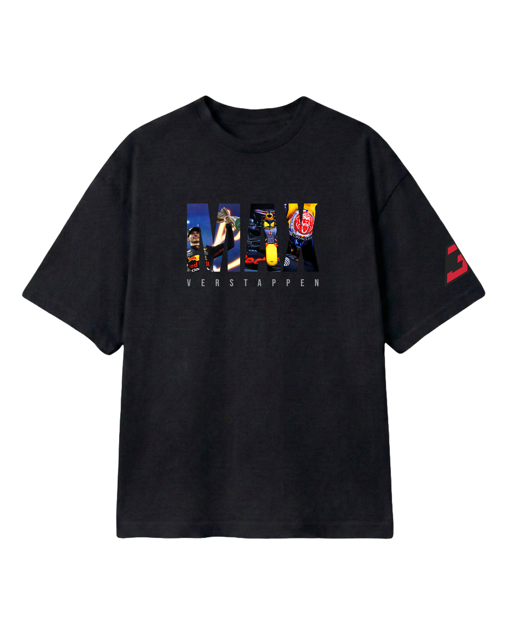 F1 Turn1 India Black Oversized Unisex Tshirt featuring fan graphic Max Verstappen, driver for Redbull Racing F1 team and his various iconic race moment