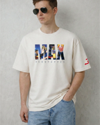 Male model wearing F1 Turn1 India Off White Oversized Unisex Tshirt featuring fan graphic Max Verstappen, driver for Redbull Racing F1 team and his various iconic race moments