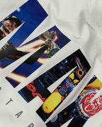 Closeup image of F1 Turn1 India Off White Oversized Unisex Tshirt featuring fan graphic Max Verstappen, driver for Redbull Racing F1 team and his various iconic race moments