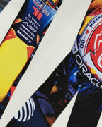 Closeup image of cotton fabric and premium print of F1 Turn1 India Off White Oversized Unisex Tshirt featuring fan graphic Max Verstappen, driver for Redbull Racing F1 team and his various iconic race moments