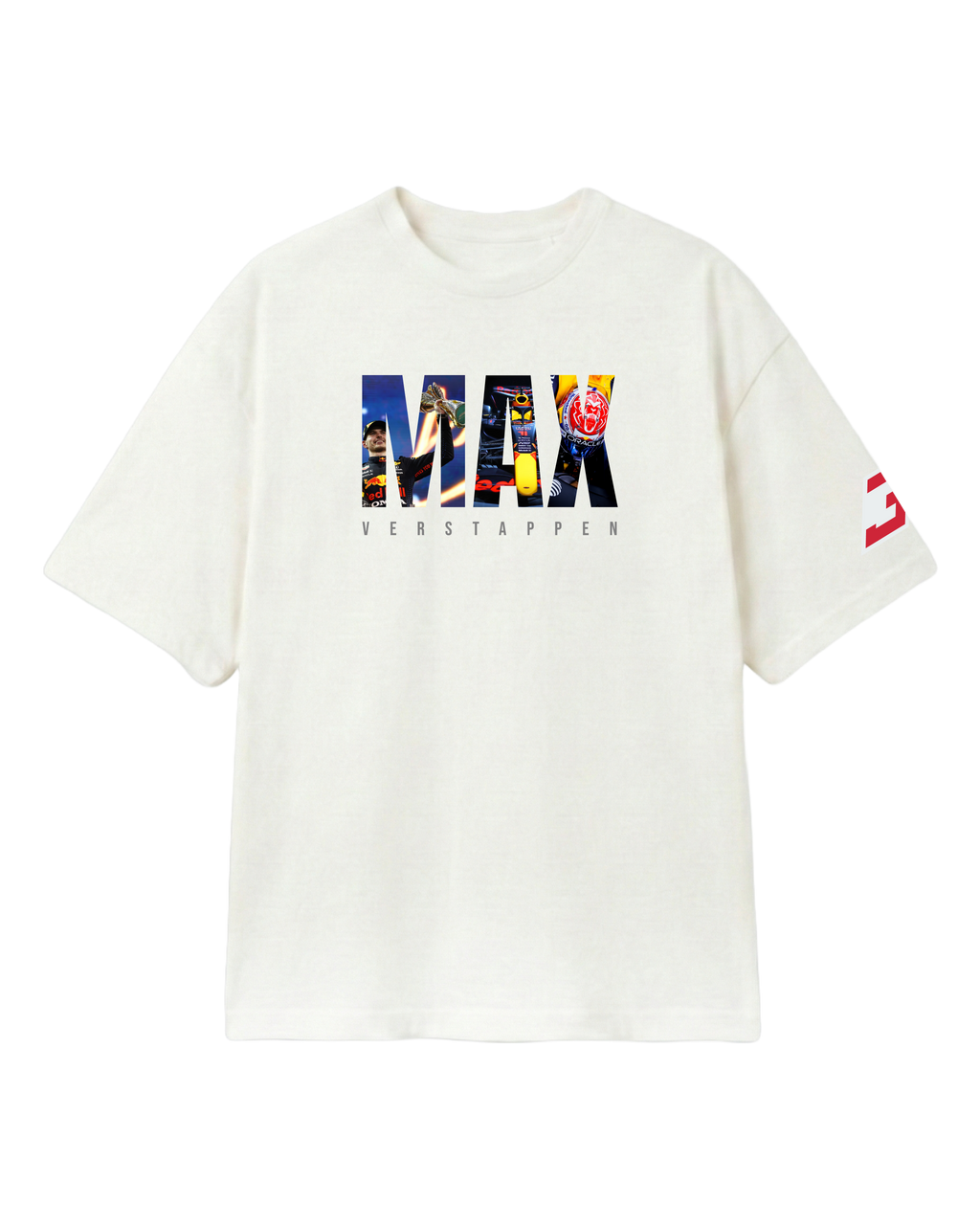 F1 Turn1 India Off White Oversized Unisex Tshirt featuring fan graphic Max Verstappen, driver for Redbull Racing F1 team and his various iconic race moments