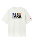 F1 Turn1 India Off White Oversized Unisex Tshirt featuring fan graphic Max Verstappen, driver for Redbull Racing F1 team and his various iconic race moments