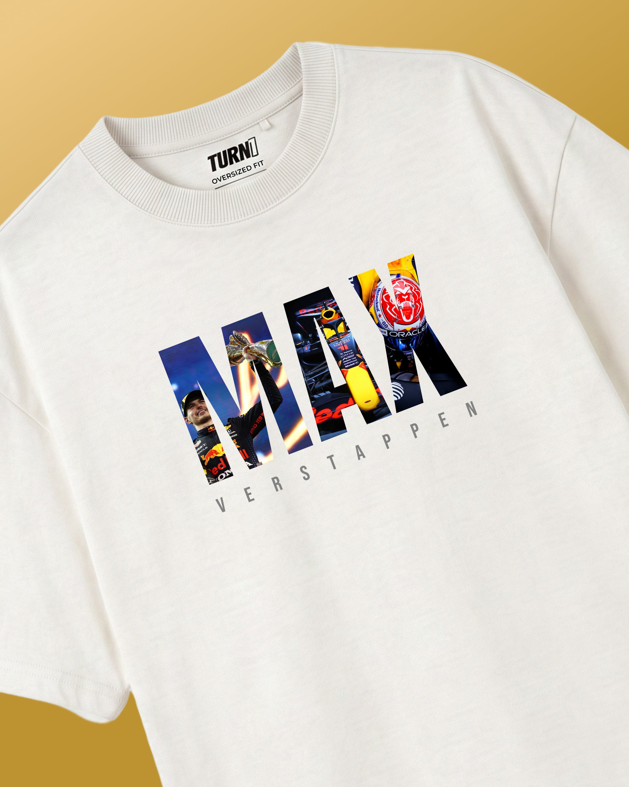 F1 Turn1 India Off White Oversized Unisex Tshirt featuring fan graphic Max Verstappen, driver for Redbull Racing F1 team and his various iconic race moments