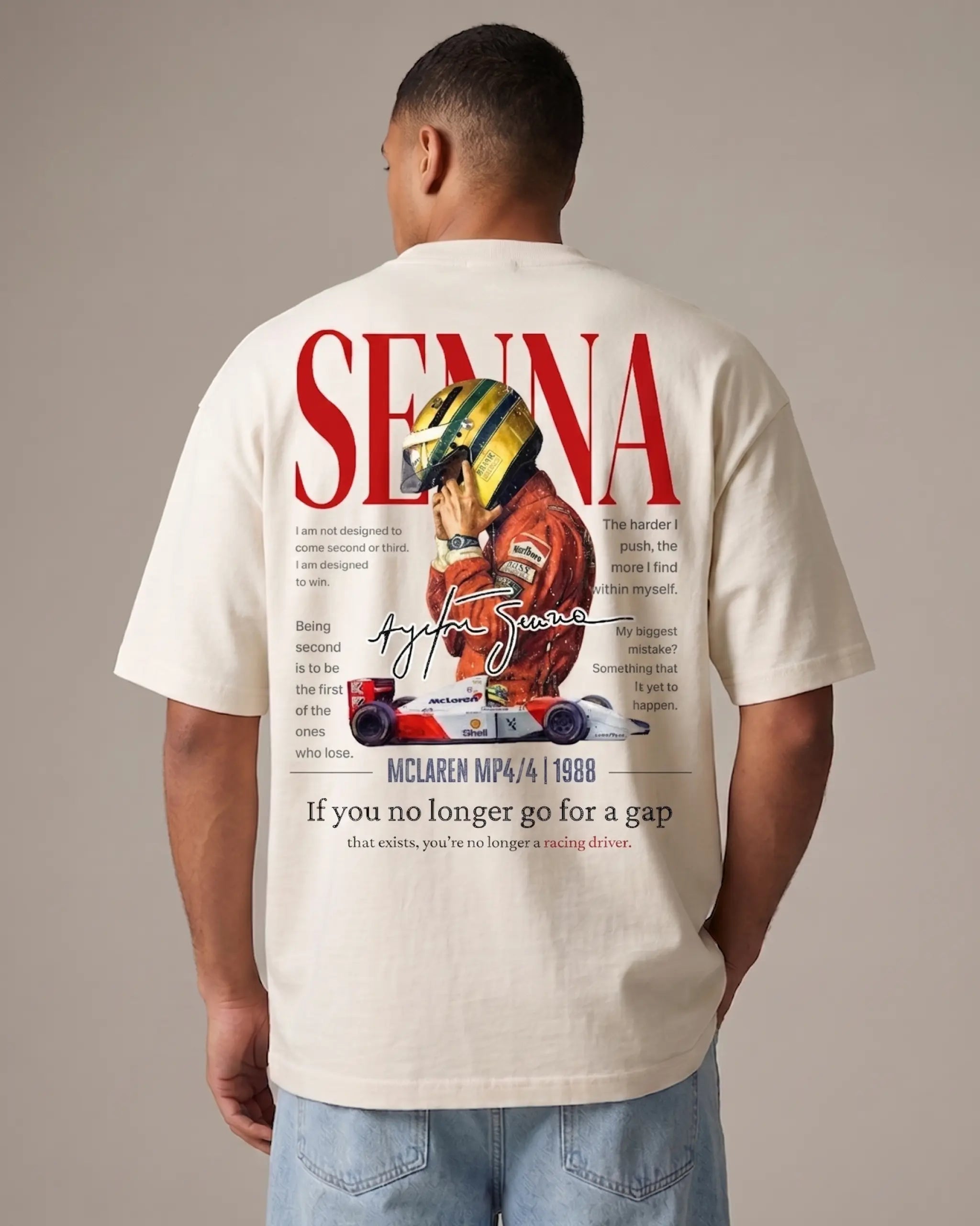 Male Model Wearing Ayrton Senna McLaren Legacy F1 Unisex Oversized T-shirt Off-White Back View | Turn1 India