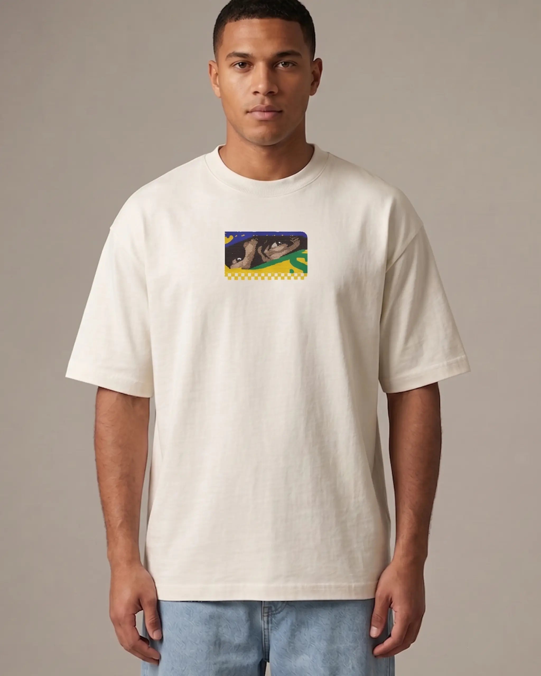 Male Model Wearing Ayrton Senna McLaren Legacy F1 Unisex Oversized T-shirt Off-White Front View | Turn1 India