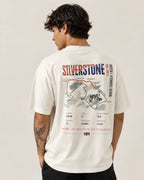 Male model man wearing British Grand Prix Silverstone F1 Unisex Oversized T-shirt Off-White Back View | Turn1 India