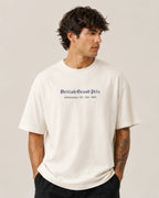 Male model man wearing British Grand Prix Silverstone F1 Unisex Oversized T-shirt Off-White Front View | Turn1 India
