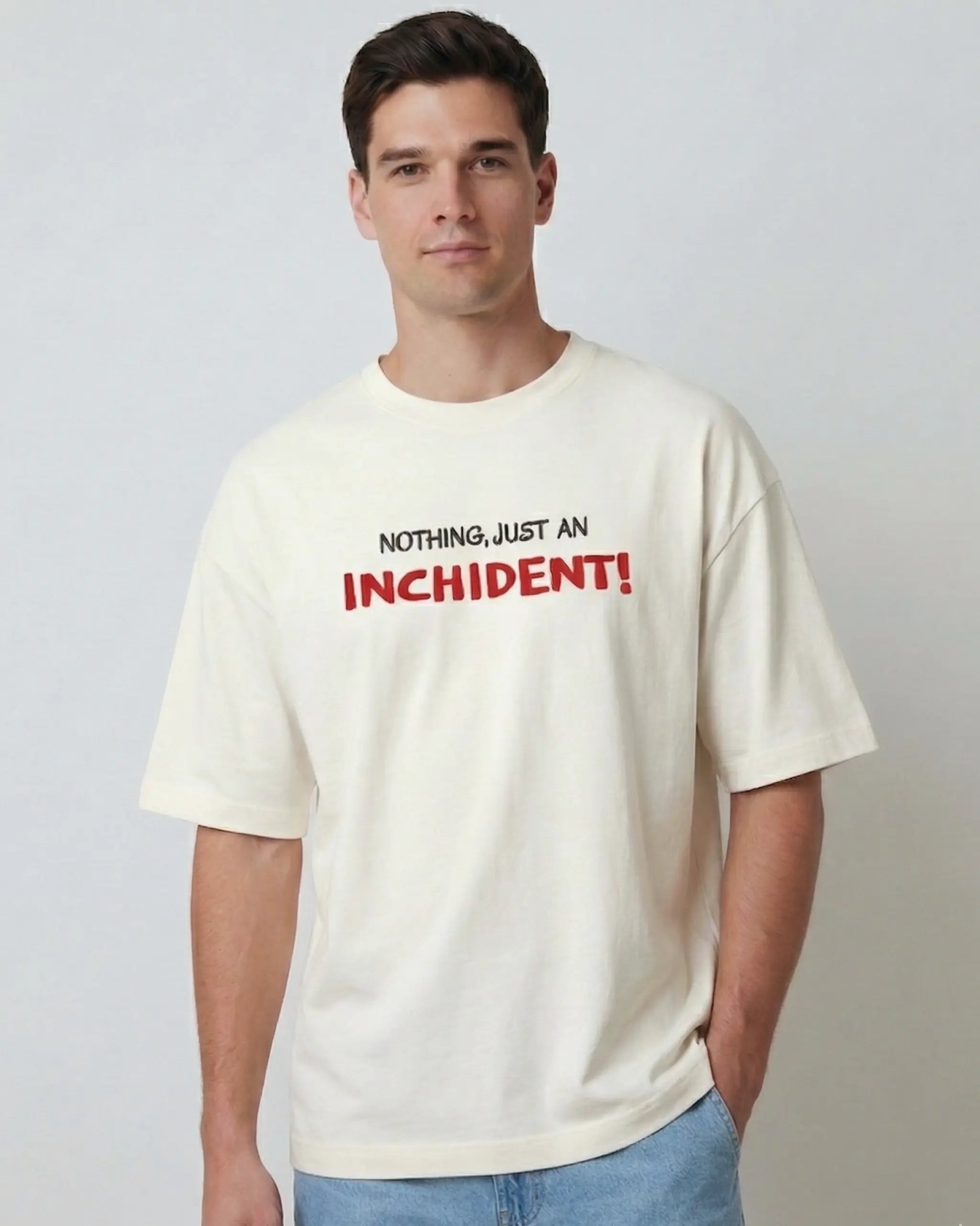 Male model wearing Charles Leclerc Just an Inchident F1 Unisex Oversized T-shirt Off-White Front View | Turn1 India