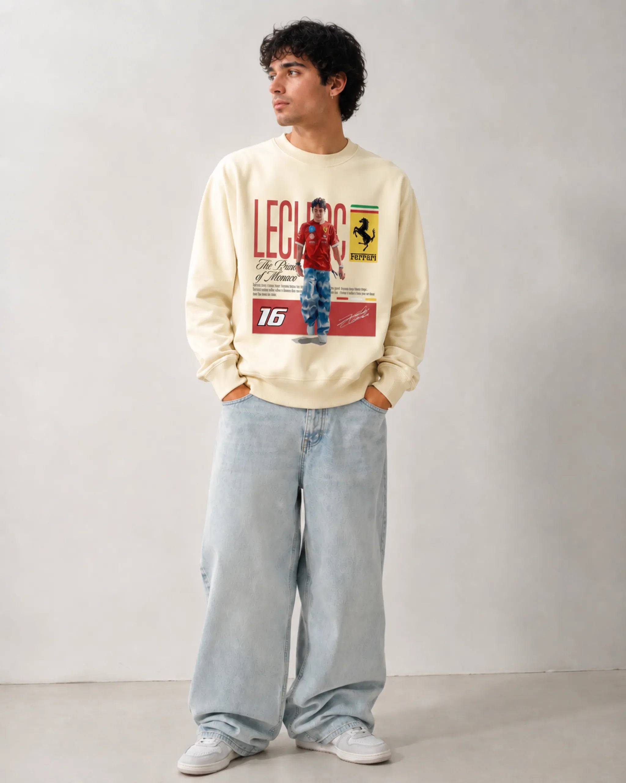 Male model wearing Charles Leclerc Scuderia Ferrari F1 Unisex Sweatshirt Cream Colour Front View 100% Cotton 320 GSM Fleece - Turn1 India