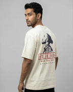 Male model wearing Lewis Hamilton Remember Who You Are Quote F1 Unisex Oversized T-shirt Off-White Back View | Turn1 India