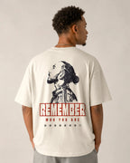 Male model wearing Lewis Hamilton Quote Remember Who You Are Fan Ferrari Graphic F1 Unisex Oversized T-shirt Off-White Back View | Turn1 India | Premium Cotton