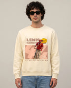 Male model wearing Lewis Hamilton Scooter F1 Unisex Sweatshirt Cream Colour Front View with crew neck - with Lewis Hamilton scooter graphic and helmet on the front featuring his racing number Lewis 44 -Turn1 India