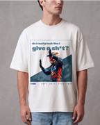 Male model wearing Max Verstappen Attitude Don't Give a Sh*t F1 Unisex Oversized T-shirt Off-White Front View | Turn1 India