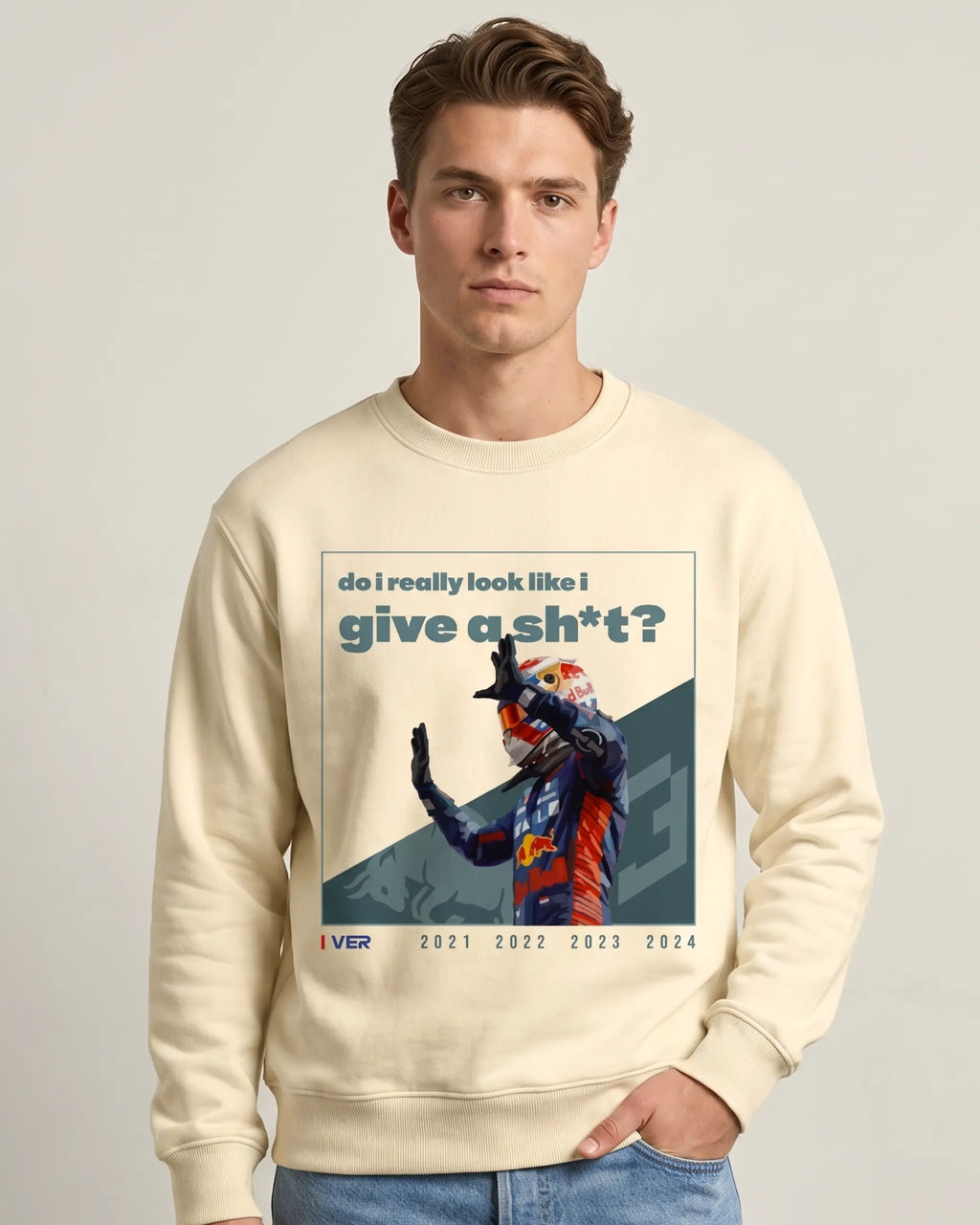 Male model wearing Max Verstappen Attitude F1 Unisex Sweatshirt Cream Colour Front View with crew neck and large Max Verstappen graphic print -Turn1 India