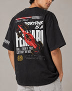 Male model man wearing Everyone loves Ferrari F1 T-shirt Black Back View | Unisex Oversized Formula 1 T-shirt | Ferrari T-shirt | Turn1 India 