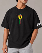Male model man wearing Everyone loves Ferrari F1 T-shirt Black Front View | Unisex Oversized Formula 1 T-shirt | Ferrari T-shirt | Turn1 India 