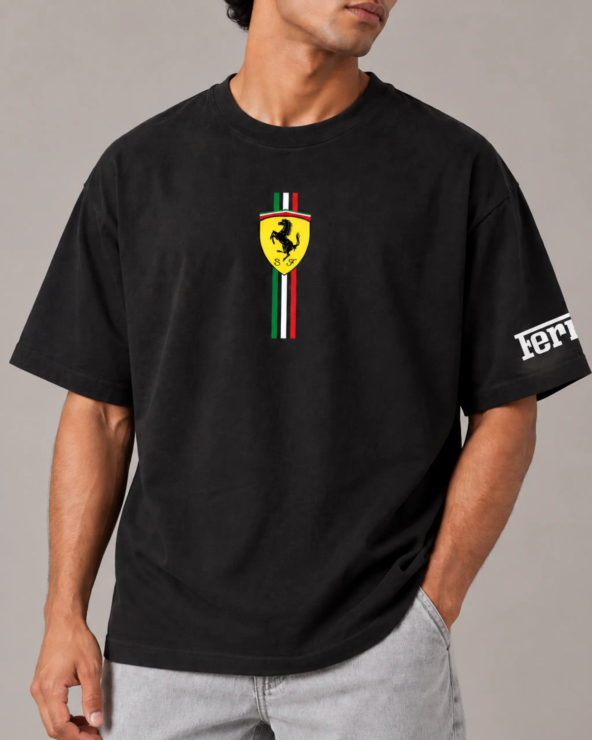 Male model man wearing Everyone loves Ferrari F1 T-shirt Black Front View | Unisex Oversized Formula 1 T-shirt | Ferrari T-shirt | Turn1 India 