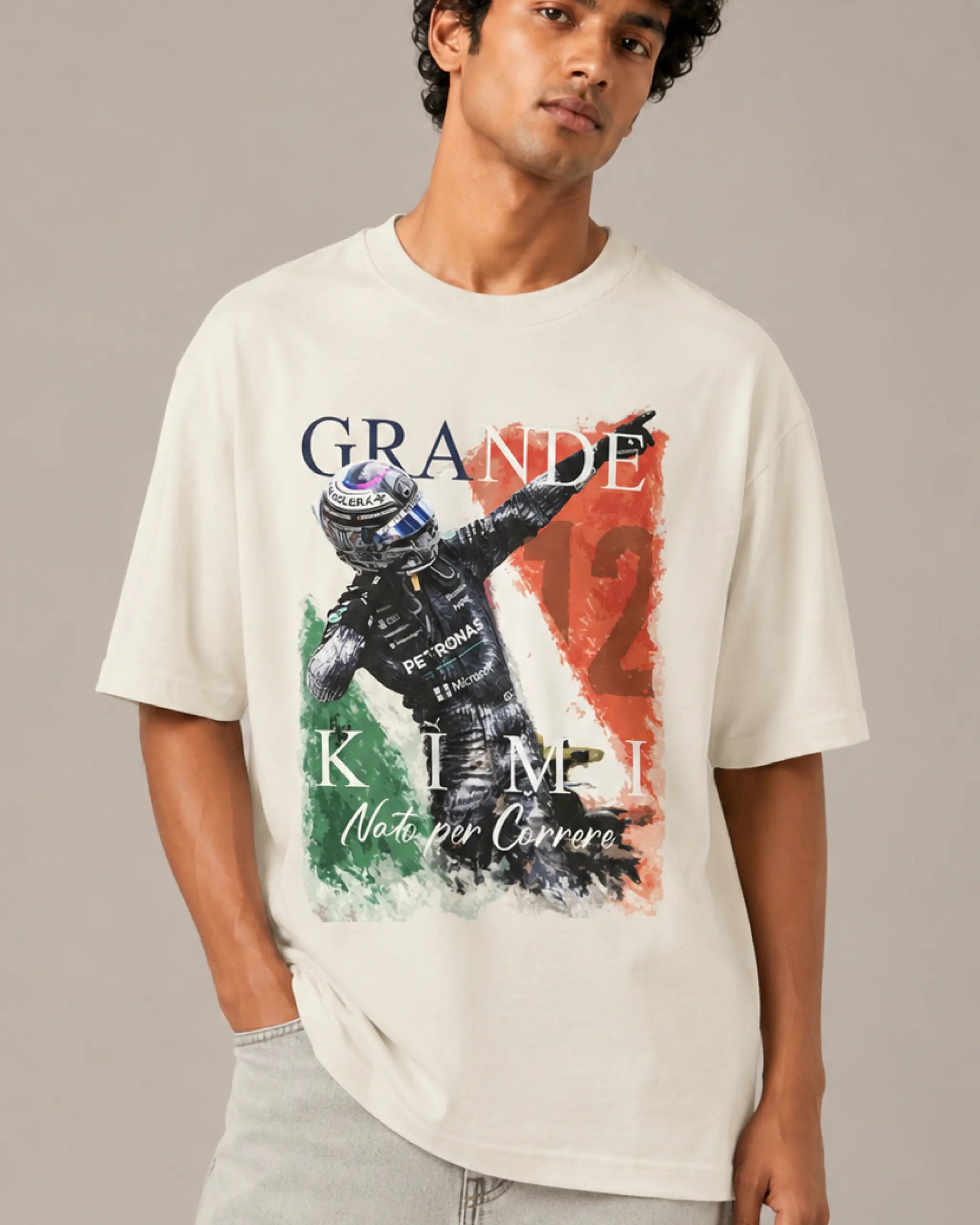Male model man wearing Kimi Antonelli Grande Kimi Graphic F1 Unisex T-shirt Off-White Front View | Turn1 India 