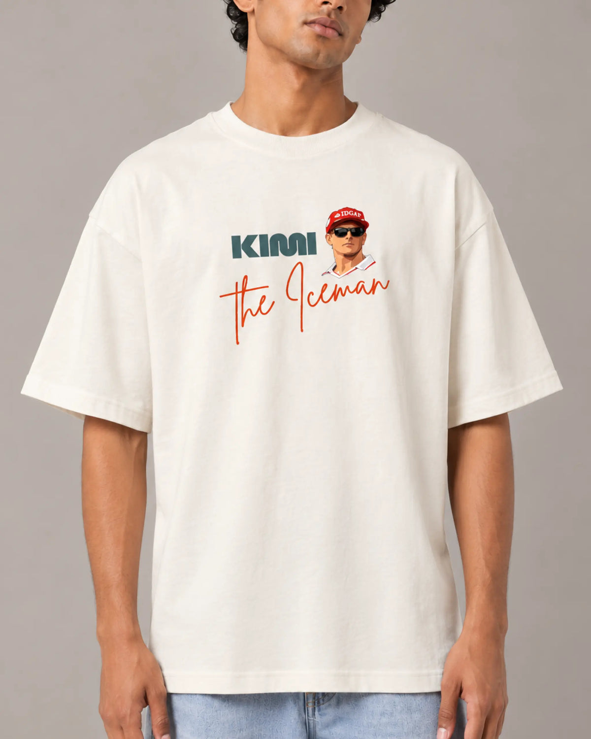 Male model man wearing Kimi Raikkonen The Iceman F1 T-shirt | Kimi Raikkonen Formula 1 Tee India | Off-White | Unisex Oversized Fit | Front View | Turn1 India