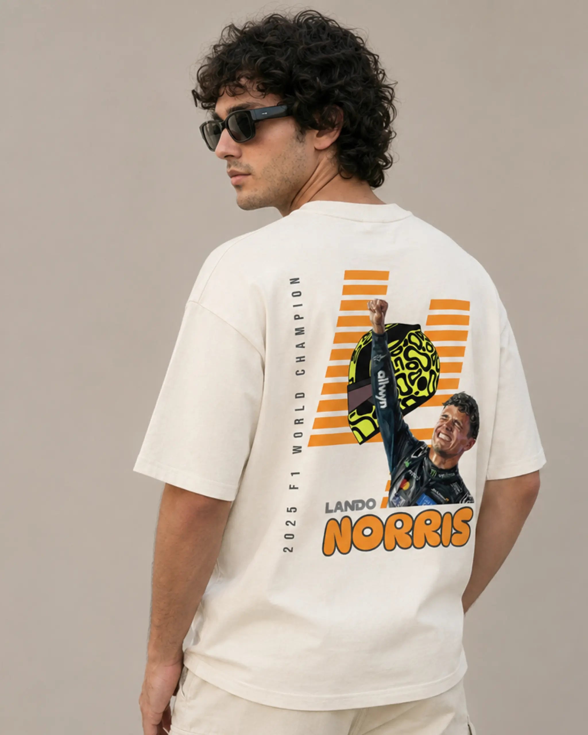 Male model man wearing Lando Norris McLaren Racing Formula 1 World Champion Graphic F1 T-shirt Off-White Back View | Turn1 India
