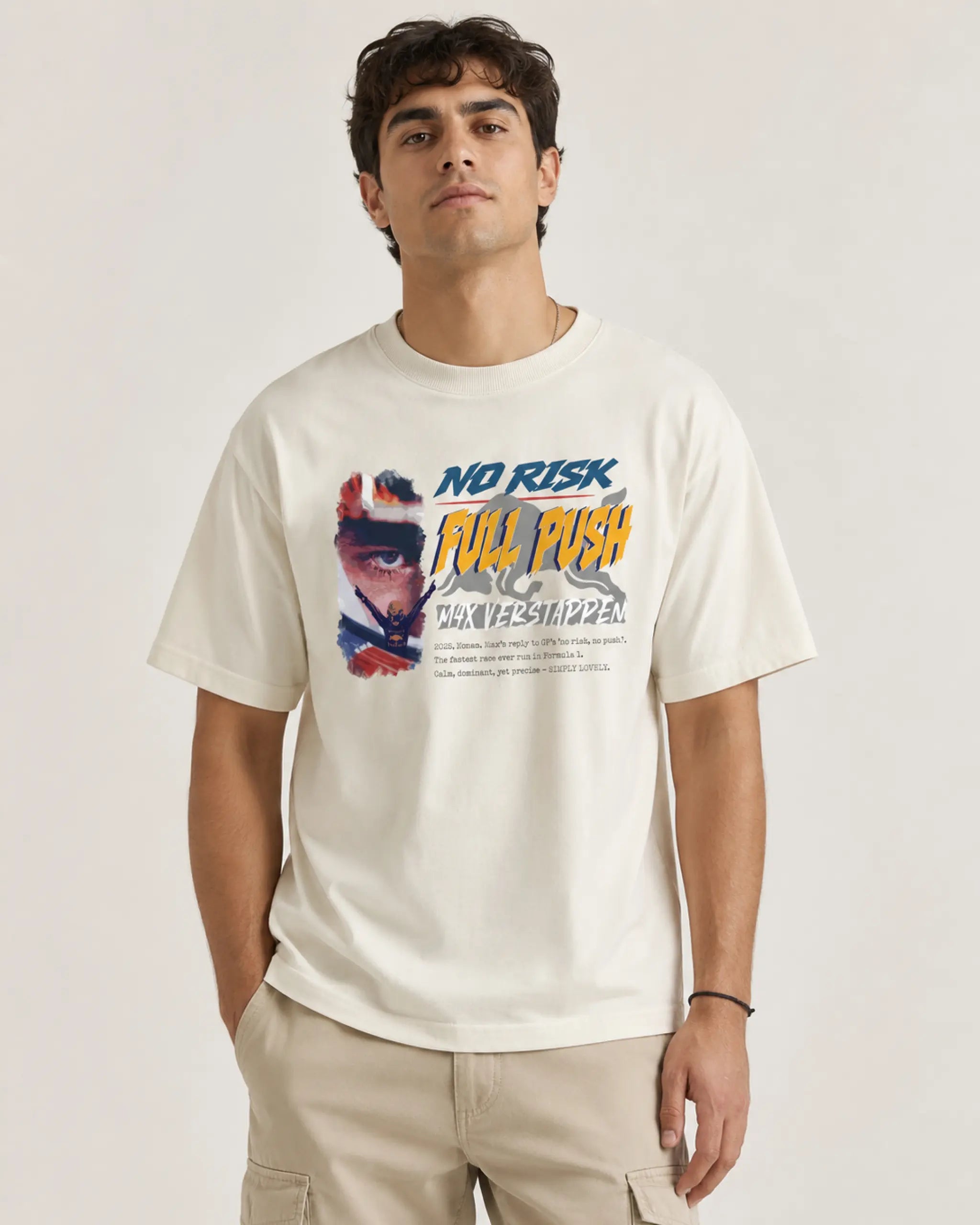 Male model man wearing Max Verstappen No Risk Full Push F1 Unisex Oversized T-shirt Off-White Front View | Formula 1 T-shirts | Turn1 India