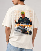 Male model man wearing Max Verstappen Redbull Formula 1 World Champion Unisex Oversized F1 T-shirt Off-White | Formula 1 Tshirt | Turn1 India