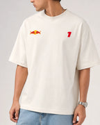 Male model man wearing Max Verstappen Redbull Formula 1 World Champion Unisex Oversized F1 T-shirt Off-White | Formula 1 Tshirt | Turn1 India
