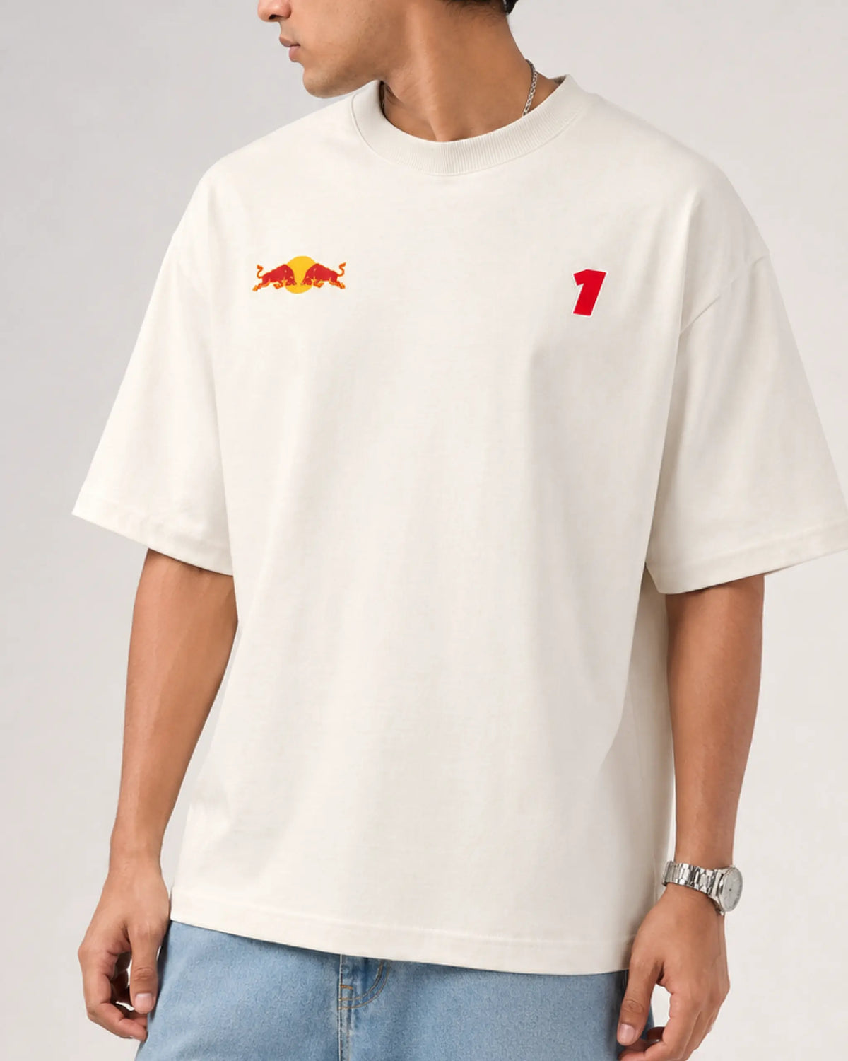 Male model man wearing Max Verstappen Redbull Formula 1 World Champion Unisex Oversized F1 T-shirt Off-White | Formula 1 Tshirt | Turn1 India