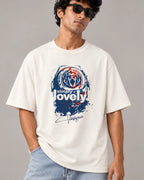 Male model man wearing Max Verstappen Simply Lovely Helmet Edition F1 t-shirt | Formula 1 Tshirt India | Unisex Oversized Fit | Off-White Colour | Turn1