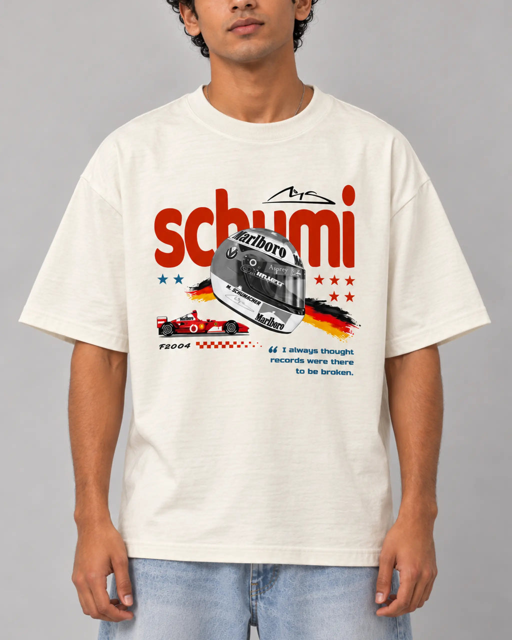Male model man wearing Michael Schumacher Formula 1 Tshirt | Schumi Helmet Edition F1 T-shirt | Off-White | Unisex Oversized Fit | Front View | Turn1 India