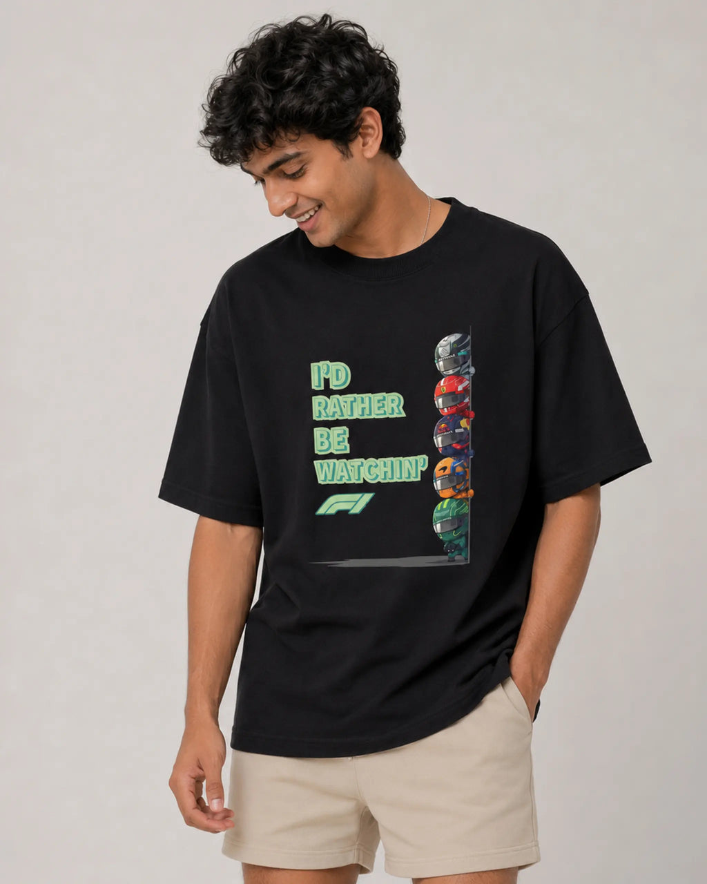 Male model man wearing Rather Watch F1 Funny Quote Formula 1 Driver Unisex Graphic Tee Black Front View | Funny Cool Vibe F1 T-shirt | Turn1 India