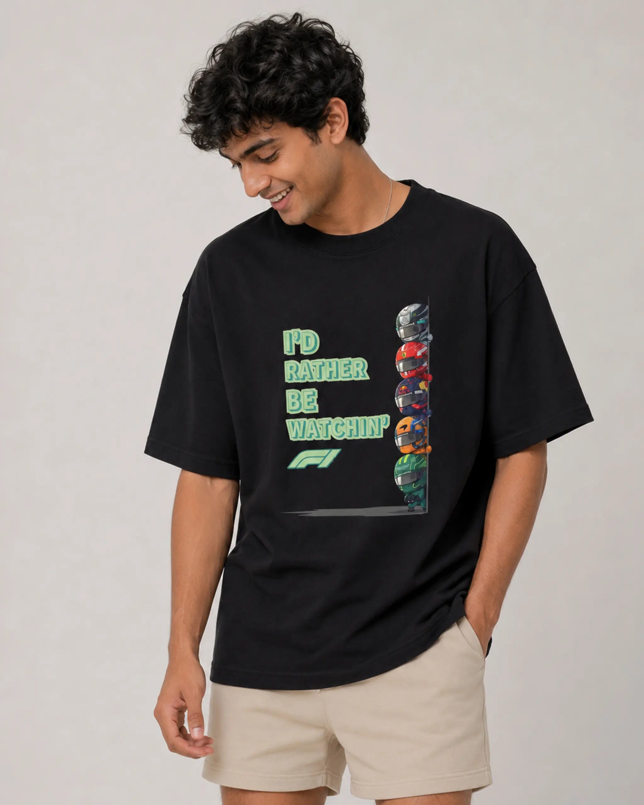 Male model man wearing Rather Watch F1 Funny Quote Formula 1 Driver Unisex Graphic Tee Black Front View | Funny Cool Vibe F1 T-shirt | Turn1 India