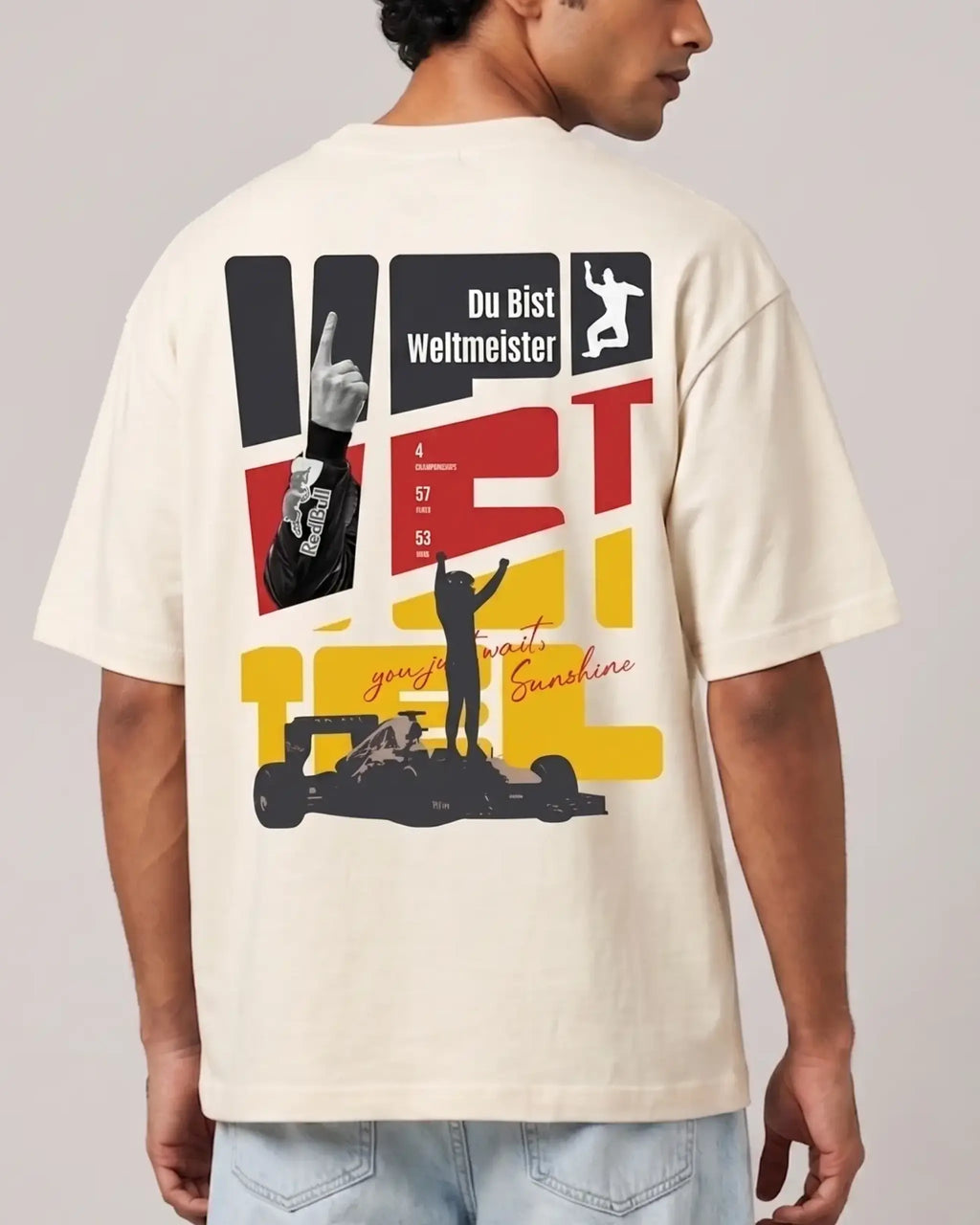 Male model man wearing Sebastian Vettel Danke Seb Formula 1 Graphic F1 T-shirt Off-White Back View | Turn1 India | Unisex Oversized Tee