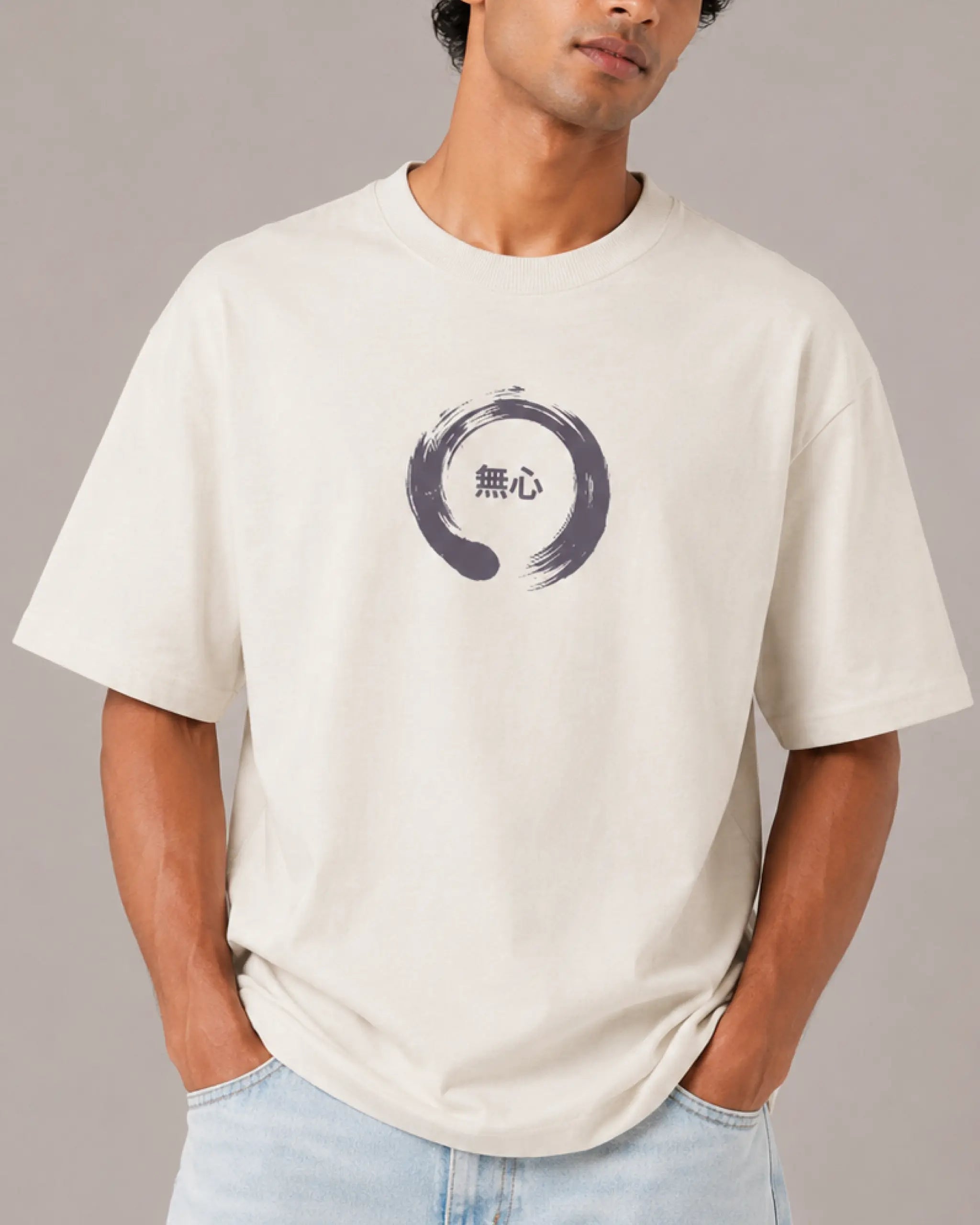 Male model man wearing Tokyo Race Vibes F1 Unisex Oversized T-shirt Off-White Front View | Turn1 India