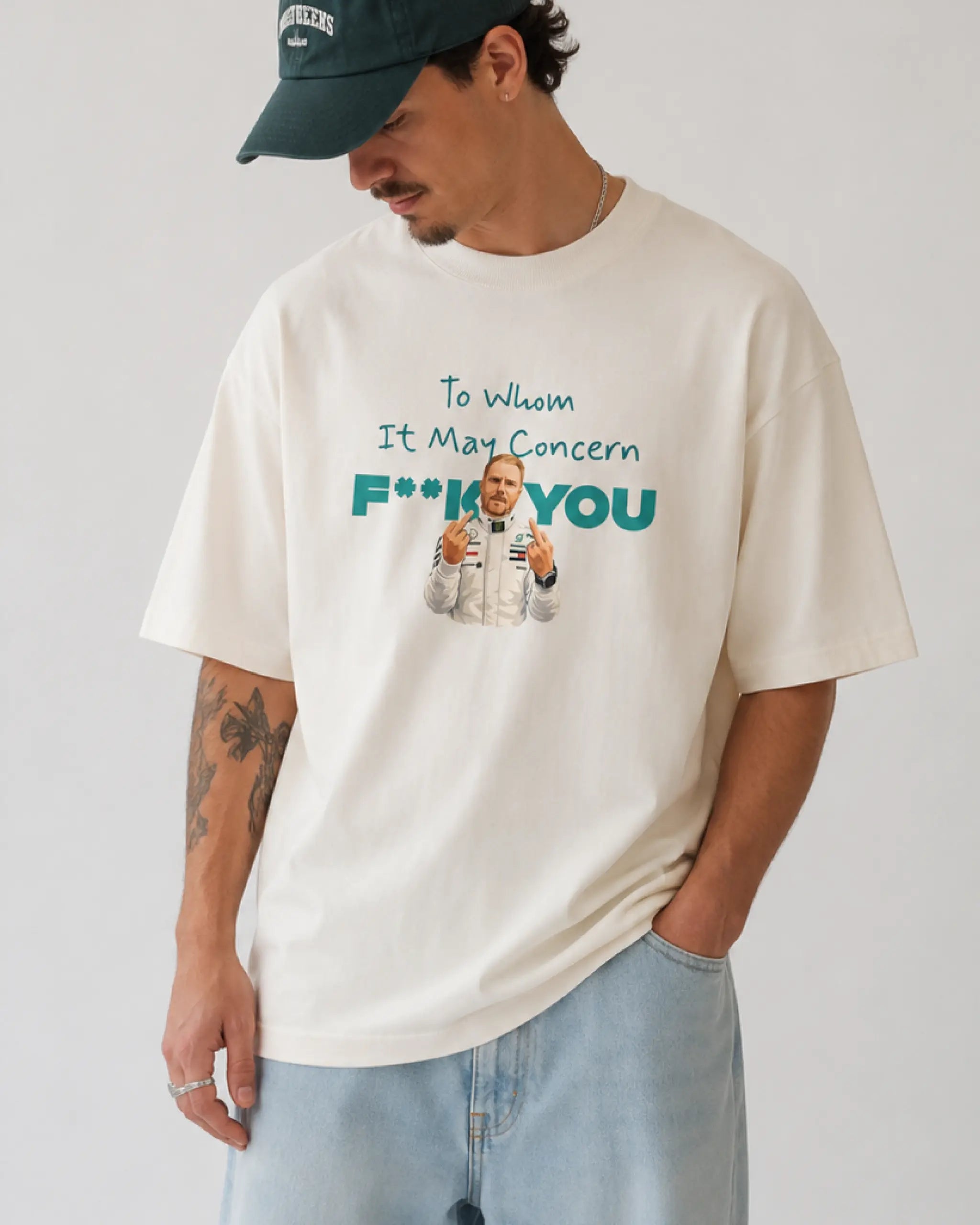 Male model man wearing Valtteri Bottas Mercedes Funny Quote Formula 1 F1 Unisex Graphic Tee Off-White Front View | Turn1 India