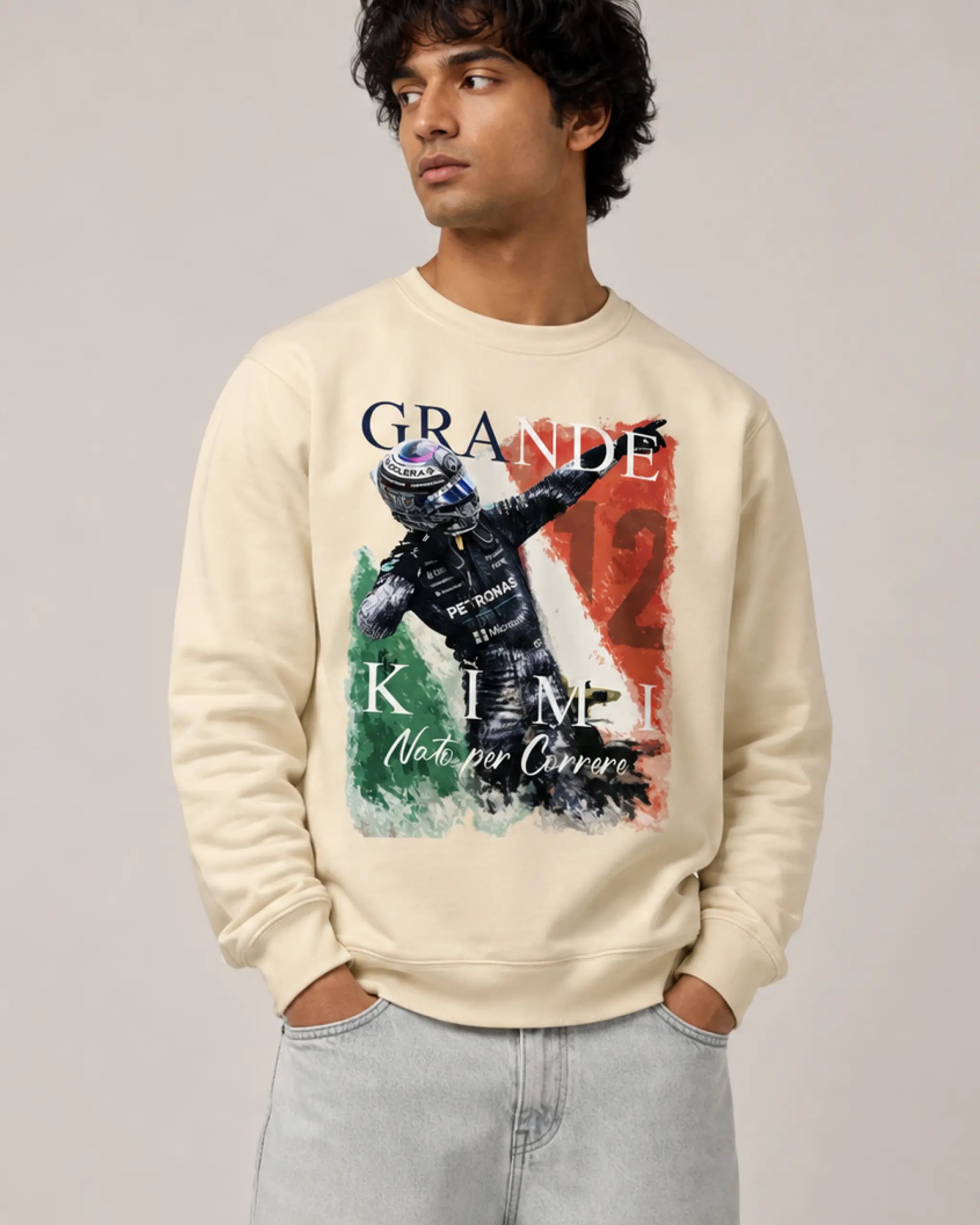 Male model man wearing Kimi Antonelli Grande Kimi F1 Unisex Sweatshirt Cream Colour Front View - Turn1 India