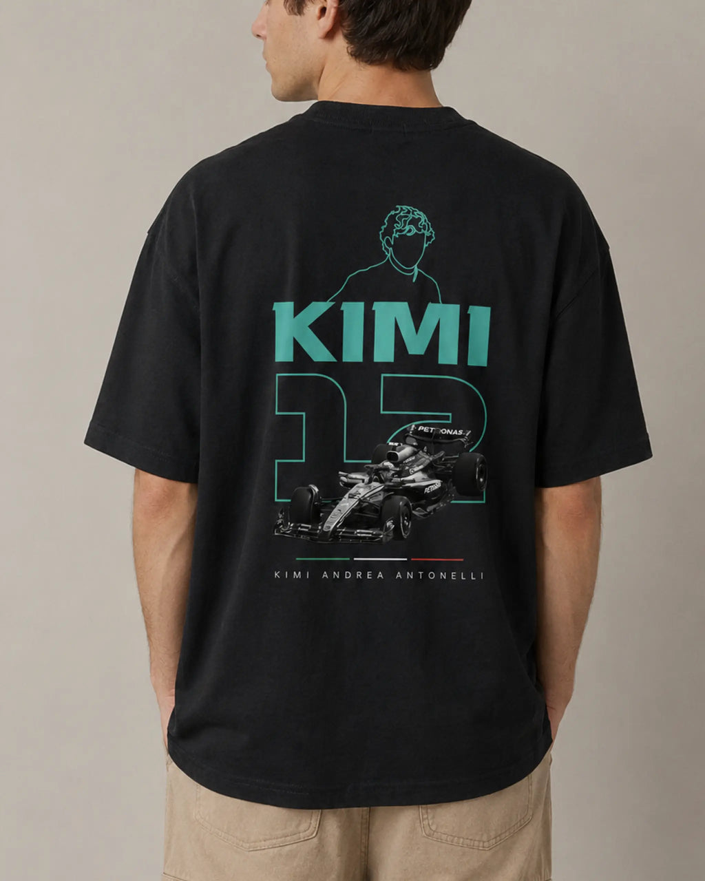 Male model man wearing Kimi Antonelli F1 Unisex Oversized T-shirt Black Back View | Turn1 India
