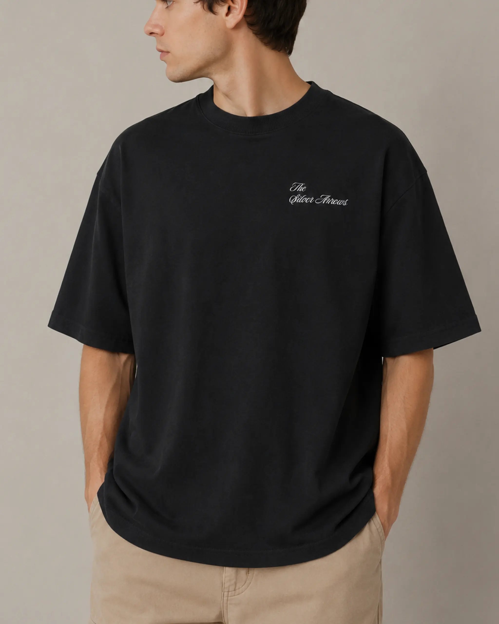 Male model man wearing Kimi Antonelli F1 Unisex Oversized T-shirt Black Front View | Turn1 India