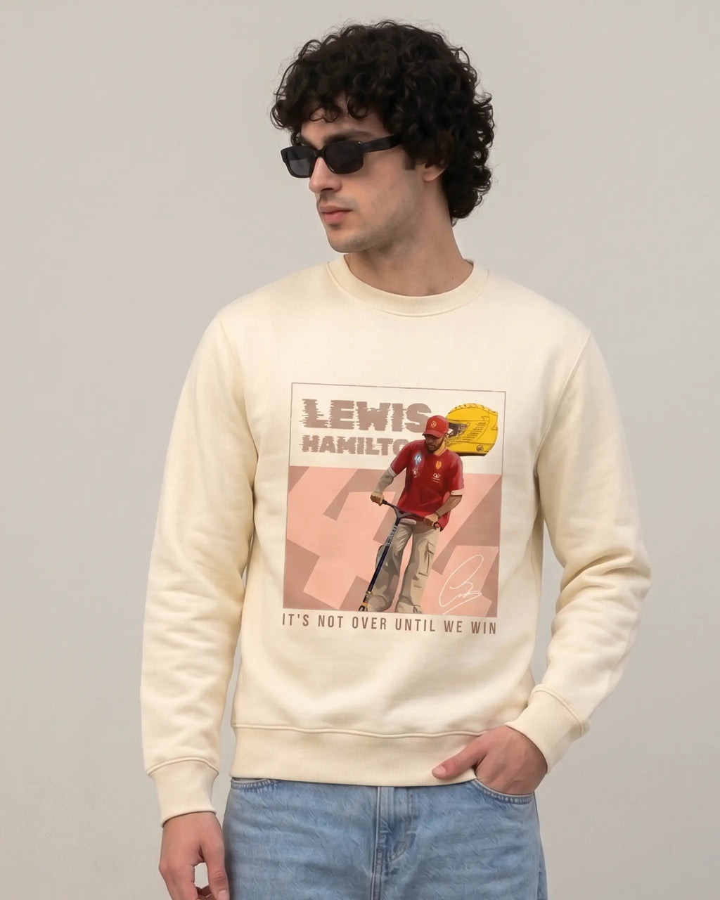 Male model wearing Lewis Hamilton Scooter F1 Unisex Sweatshirt Cream Colour Front View - Turn1 India