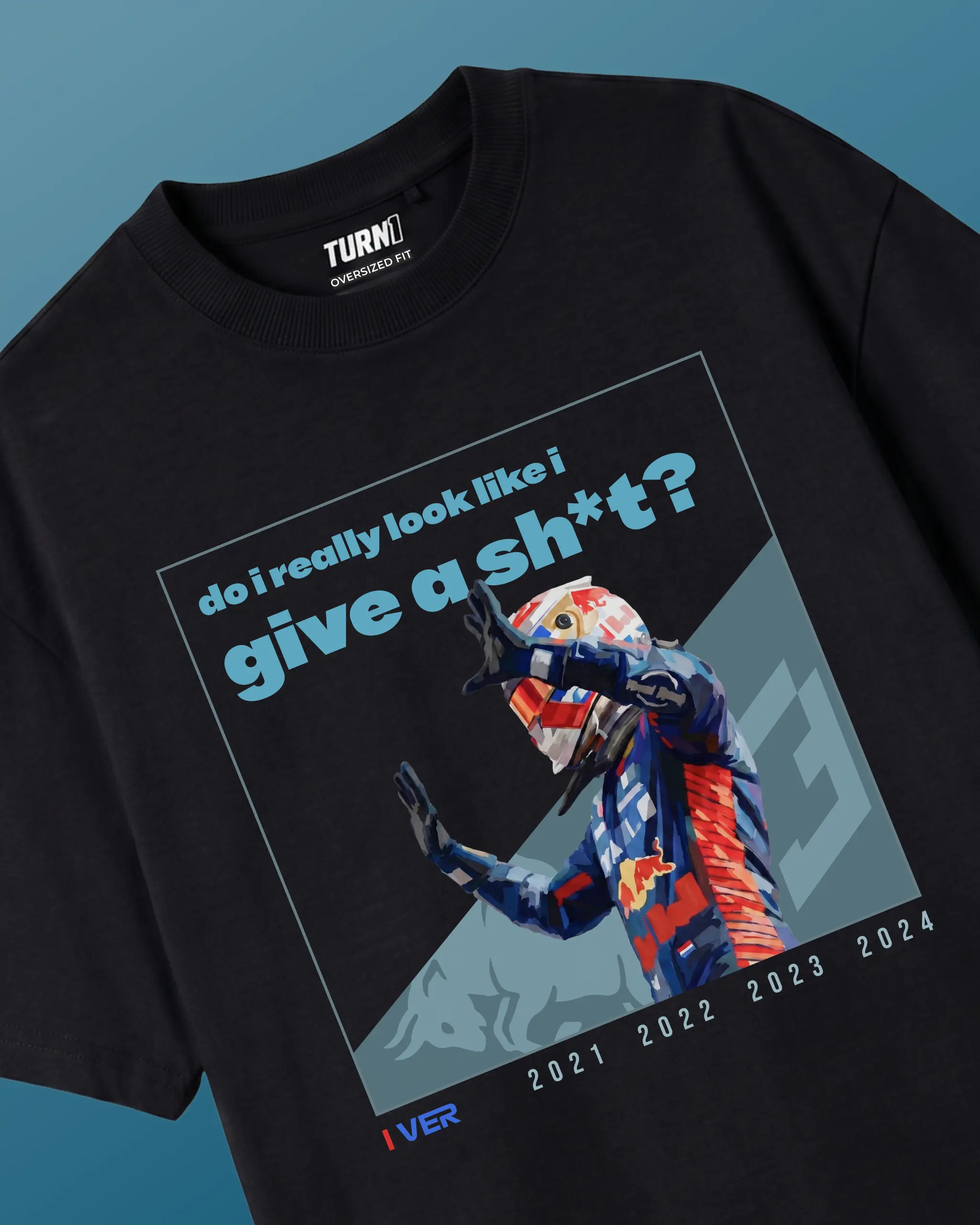 Max Verstappen Attitude Don't Give a Sh*t F1 Unisex Oversized T-shirt Black Front View | Turn1 India